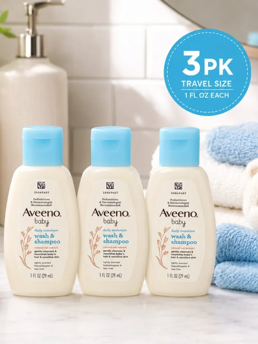 Aveeno Baby Daily Moisture Wash & Shampoo Travel Size 1oz 3PK Bundle